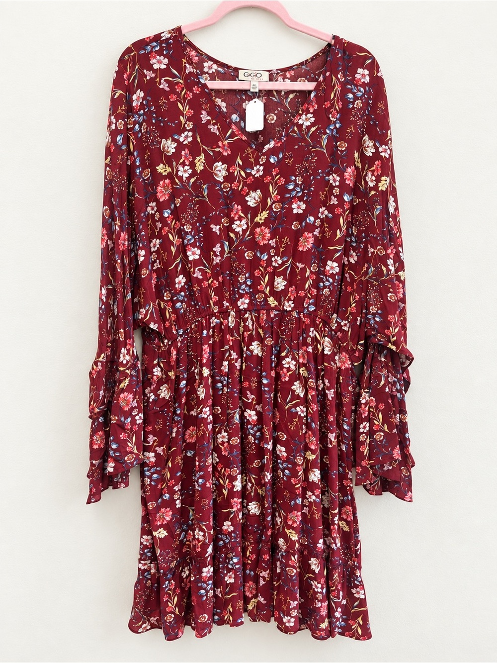 GGO Burgundy Floral Long-Sleeve Tiered Dress